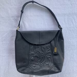 Born Flower Embossed Black Leather Purse Medium Bucket Hobo Western Boho Moto